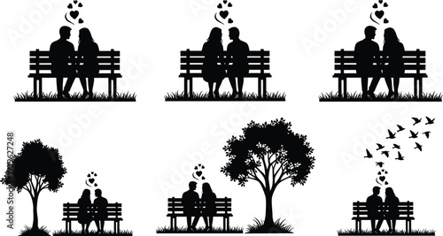 Romantic couple sitting on park bench with hearts, love silhouette collection with trees and birds, black vector illustration for Valentine theme