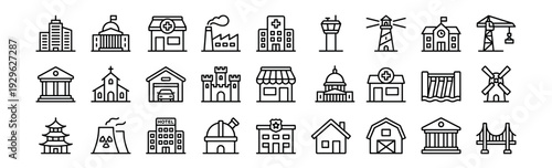 Building and architecture icons set, city landmarks house church hospital factory and urban construction symbols on transparent background