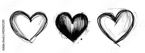 Hand drawn heart sketch icons set, love romance valentine symbol doodle illustration collection on transparent background