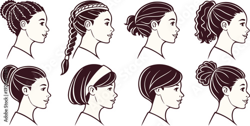 Collection of seven different hairstyles for women illustrated in profile view.