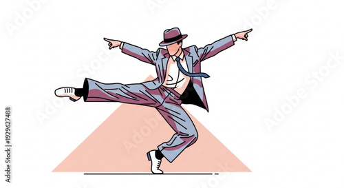 Man in suit and hat dancing energetically on pink triangle background