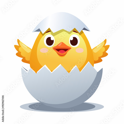 Adorable cartoon chick hatching from eggshell.