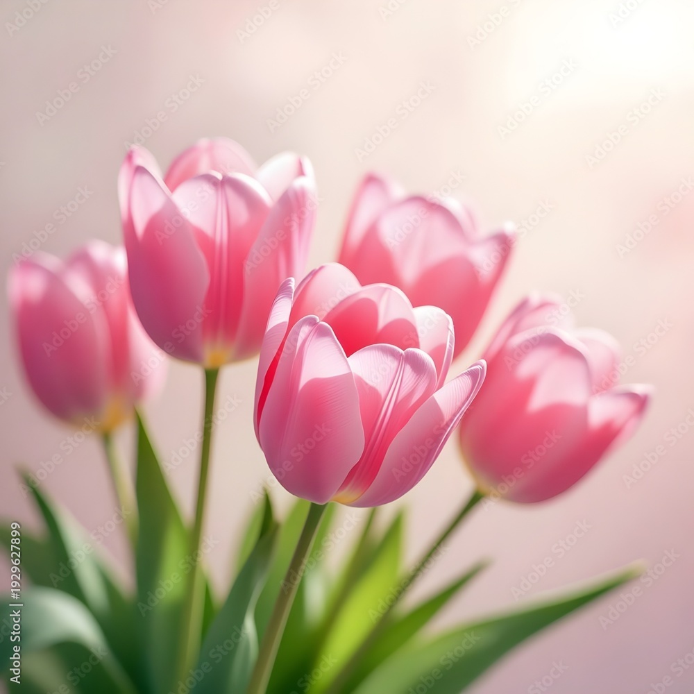 Fototapeta premium Pink Tulips Bouquet on Soft Blurred Background – Spring Floral Romantic Concept 