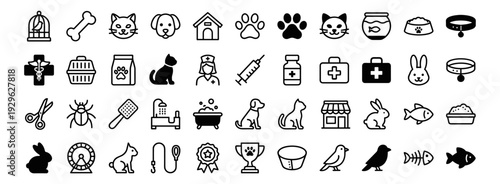 Pet and veterinary line icons set, dog cat animal clinic care paw and adoption symbols on transparent background
