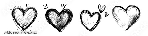 Hand drawn love heart sketch collection, romantic valentine doodle illustration set on transparent background