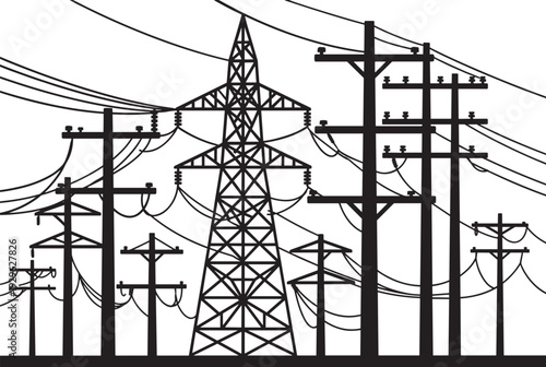 Renewable energy silhouette icons set with wind turbines, solar panels, high voltage transmission towers, and electrical utility poles for sustainable power grid infrastructure development,
