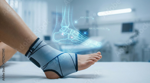 Ankle wrapped in support brace for physical therap recovery with digital joint analysis and healing progress in medical clinic setting