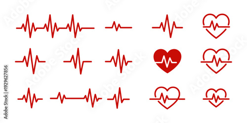 Heartbeat and ECG line icons set, heart cardiology pulse medical monitor waveform symbols in red on transparent background