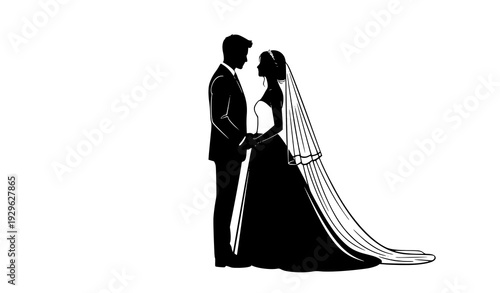 Romantic Wedding Silhouette Bride and Groom Holding Hands Vector Illustration Isolated on White
