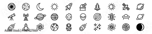 Space and astronomy line icons set, planet galaxy universe rocket satellite astronaut moon and sun symbols on transparent background