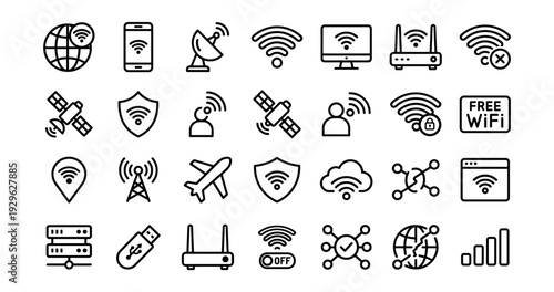WiFi and wireless internet icons set, network signal router satellite hotspot and connection symbols on transparent background