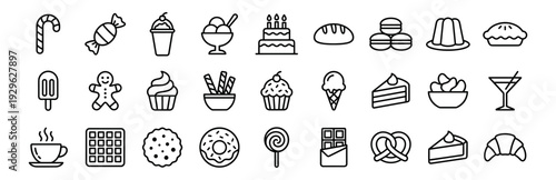 Dessert and sweet food line icons set, candy bakery pastry cake cupcake ice cream and chocolate symbols on transparent background