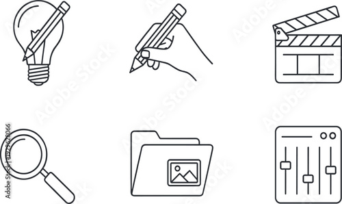 Creative media production line icon set with idea sketch video editing search and file management