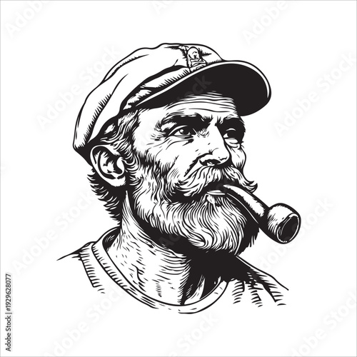 hipster sailor with thick beard and pipe engraving vector illustration 