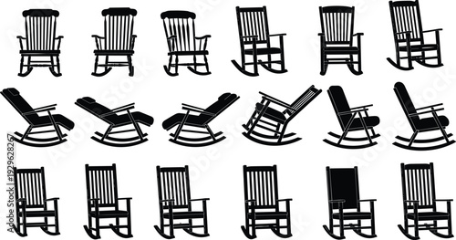 Rocking chair silhouette collection, wooden and cushioned rocking armchairs set, classic furniture vector illustration isolated