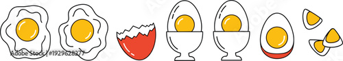  Cute Cartoon Egg Stages Vector Set with Fried Boiled Cracked Half-Cut and Sunny-Side-Up for Breakfast Menu Cooking and Nutrition Designs