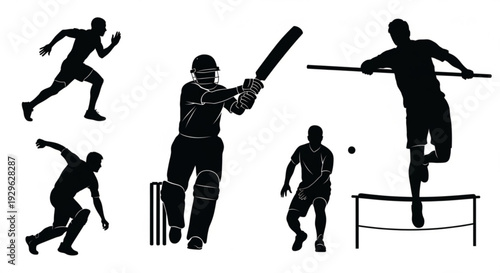 Silhouettes of athletes in dynamic sports poses for fitness and competition