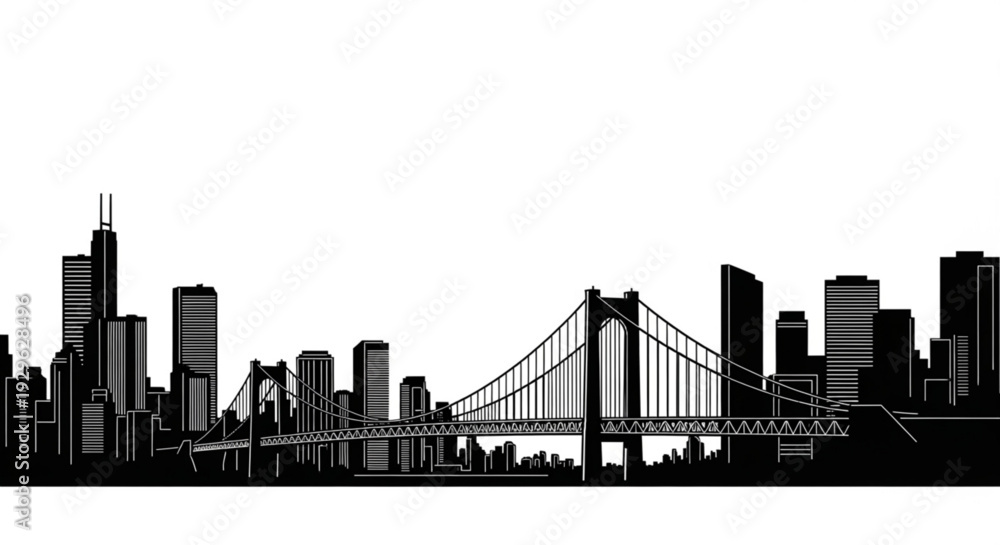 Fototapeta premium Modern cityscape with iconic suspension bridge and skyline
