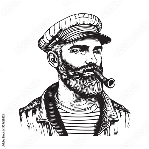 hipster sailor with thick beard and pipe engraving vector illustration 