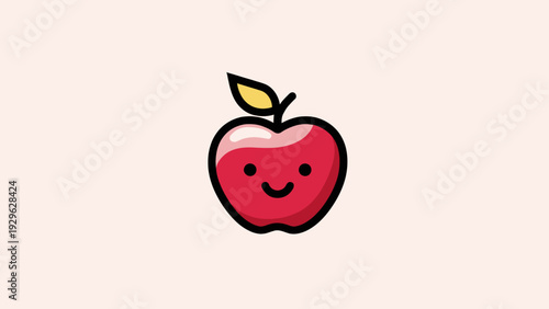 Bright and cheerful red apple icon with a friendly smiley face, showcasing a glossy, rounded design for playful projects