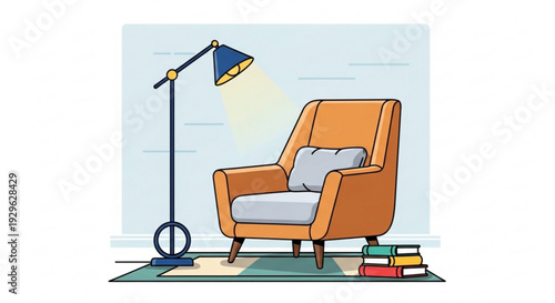 Cozy living room corner with orange armchair floor lamp and books on green rug