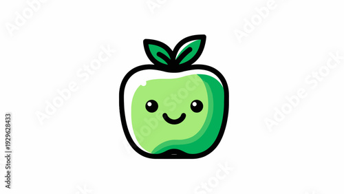 Cute green apple character with happy face and leaf on top, cartoon illustration