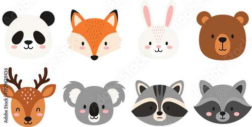 Cute Woodland Animal Faces Panda Fox Rabbit Bear Deer Vector Set