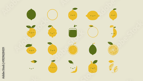Adorable Citrus Fruit Icons Featuring Lemons and Limes with Charming Faces and Varied Forms, Perfect for Playful Designs