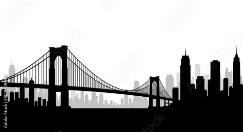 Silhouette of iconic suspension bridge and city skyline at dusk