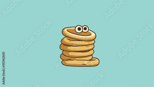 Whimsical stack of fluffy pancakes with a cheerful, smiling face, cartoon icon on a light background, perfect for breakfast themes