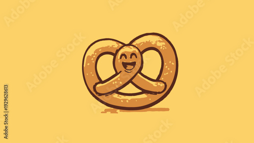 Adorable Smiling Pretzel Icon Illustration Featuring a Joyful Baked Snack Character on a Warm Background
