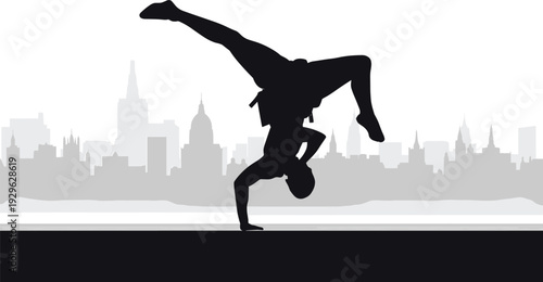 breakdance dancer silhouette urban city hip hop street culture handstand freestyle movement youth lifestyle illustration background