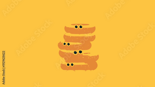 Playful stack of golden brown onion rings with cute cartoon eyes, a fun and delicious food illustration