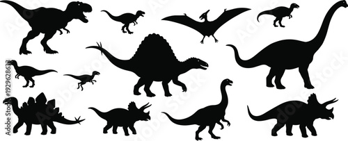 Dinosaur silhouette collection with Tyrannosaurus Rex Triceratops and Brachiosaurus isolated on white background vector illustration for prehistoric crafts and engraving,