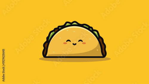 Joyful Cartoon Taco Icon Overflowing with Flavor - A Cheerful Mexican Food Delight Illustration on a Bright Yellow Canvas