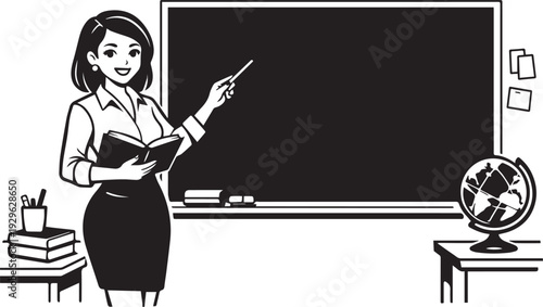 Teacher in Classroom with Blackboard and Educational Tools art Illustration.