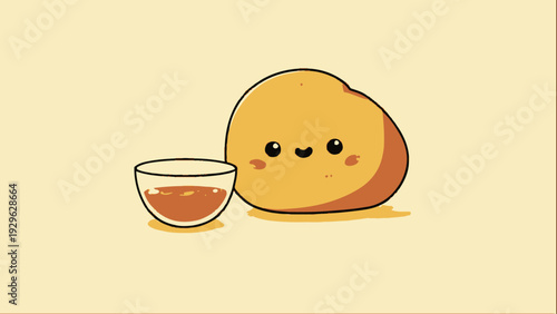 Charming minimalist potato icon with a cheerful face, paired with a small bowl of savory dipping sauce, perfect for food graphics
