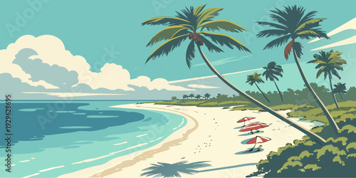 Beautiful tropical beach vector landscape with palm trees and ocean view. Perfect for summer holiday promotion, travel banner, tourism advertising and vacation design.