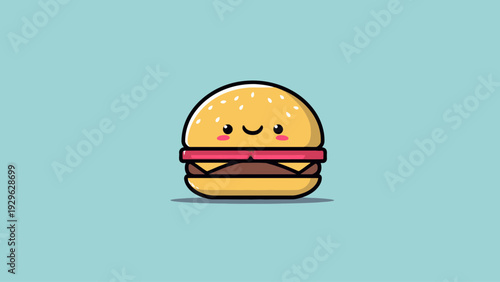 Cute Smiling Burger Illustration with Sesame Bun and Thick Patty - Vector Art