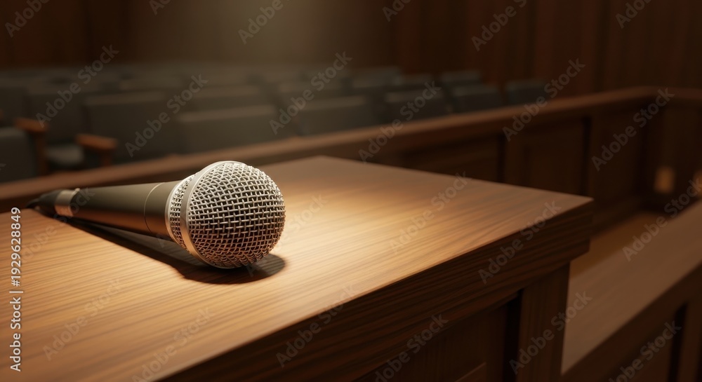 Obraz premium A microphone on a wooden podium in a dimly lit auditorium with seating in the background