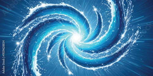 Abstract Blue Water Spiral Vortex with Splash and Light Energy Background