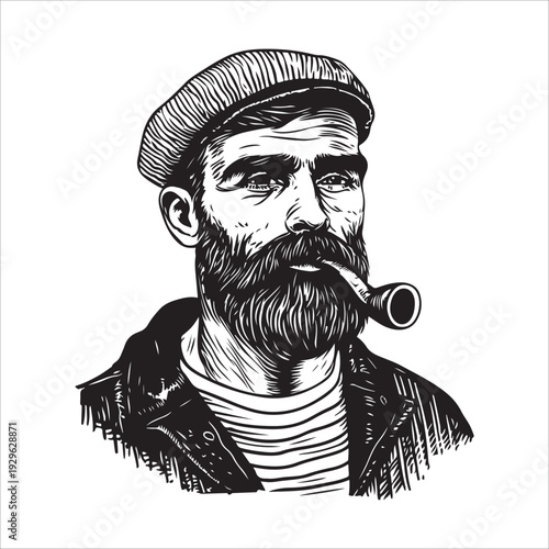 hipster sailor with thick beard and pipe engraving vector illustration 