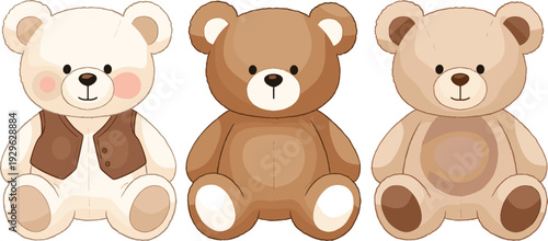  Cute Kawaii Teddy Bear Trio Vector Illustration with Brown Vest and Soft Plush Details for Baby Shower Nursery Gift and Children's Designs
