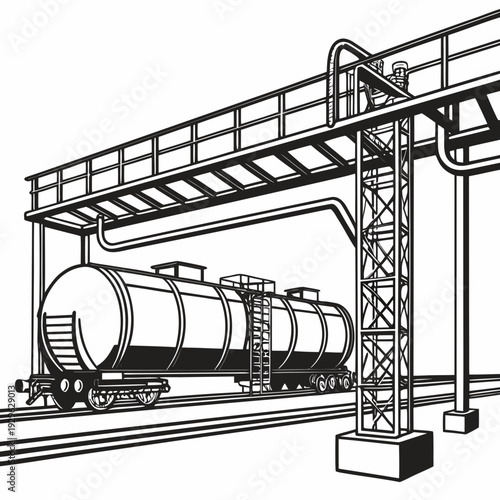 Black and white of oil train tanker under loading facility