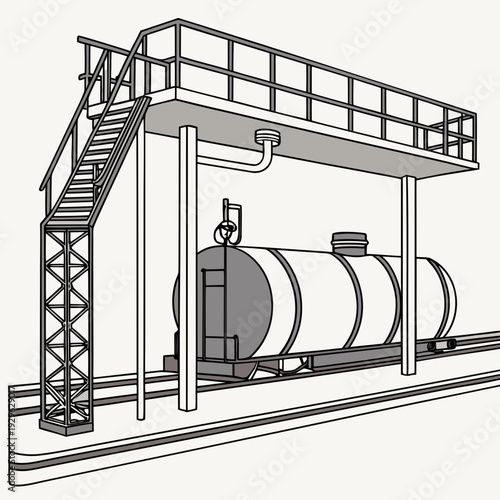 Fuel loading railway station with cylindrical tanks and staircase