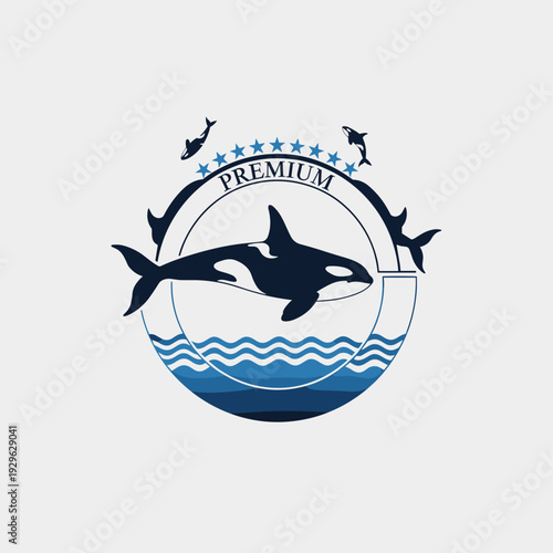Killer whale logo with premium stars and waves in a marine emblem