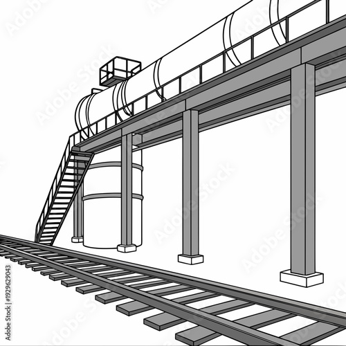 Industrial fluid transport station with elevated pipeline and railway tracks