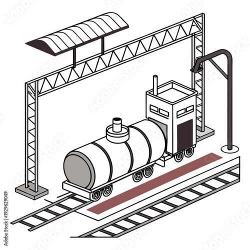 Fuel tanker train loading at railway station isometric