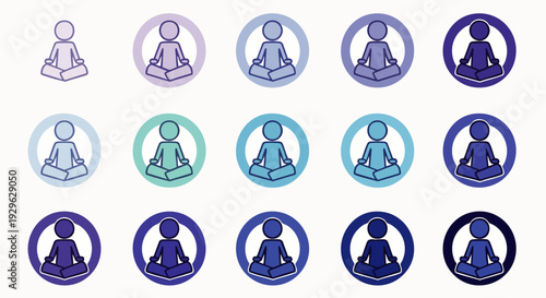 Set of icons representing meditation and mindfulness in various shades of blue and purple, symbolizing inner peace and calm.