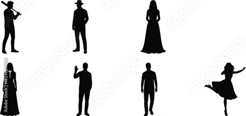 People silhouette collection with men and women standing walking dancing and holding a baseball bat isolated on white background vector,